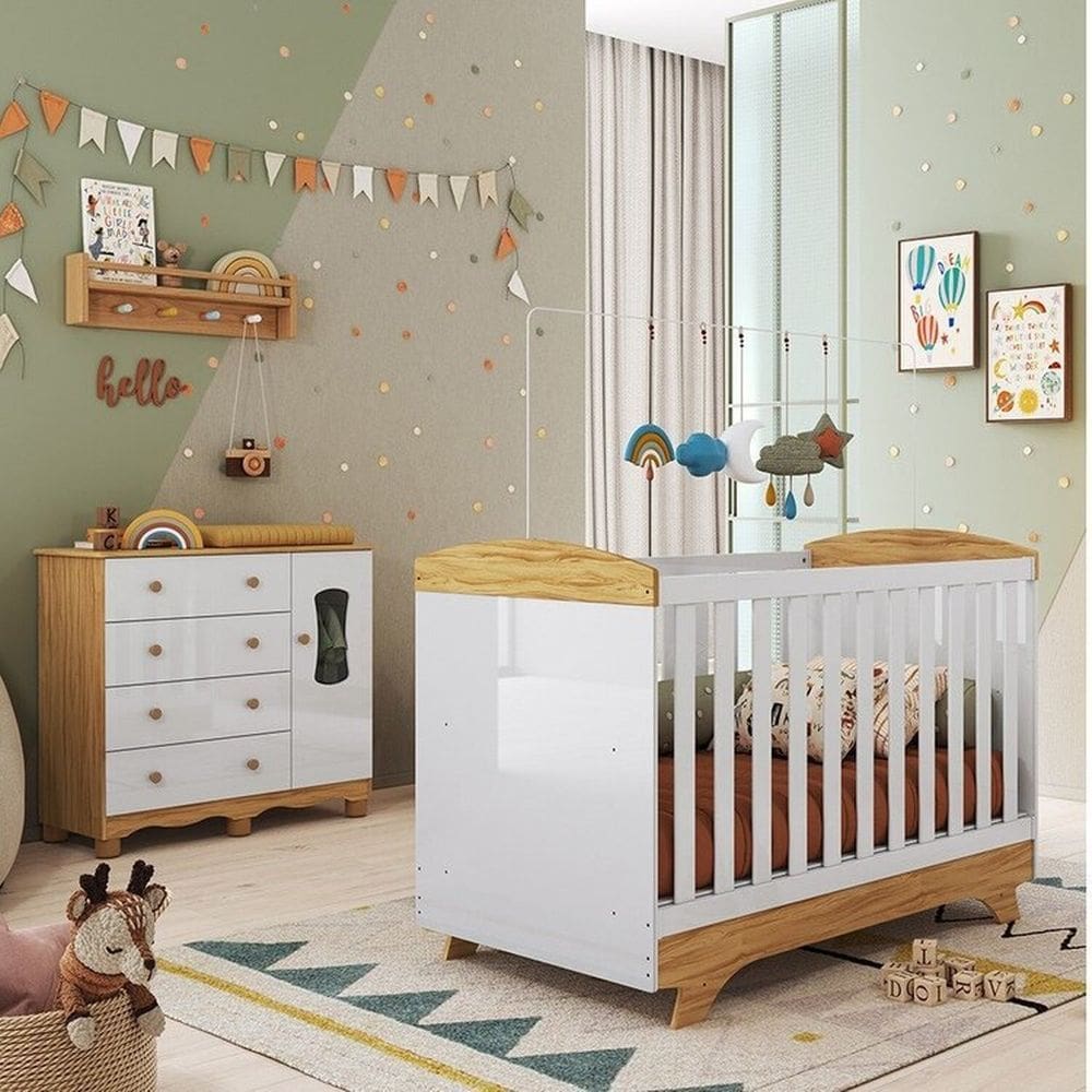 Quarto de Bebê com Cômoda 1 Porta Janelada 4 Gavetas e Berço Minicama 100% Mdf Lena Espresso Móveis Branco Brilho/Amêndoa