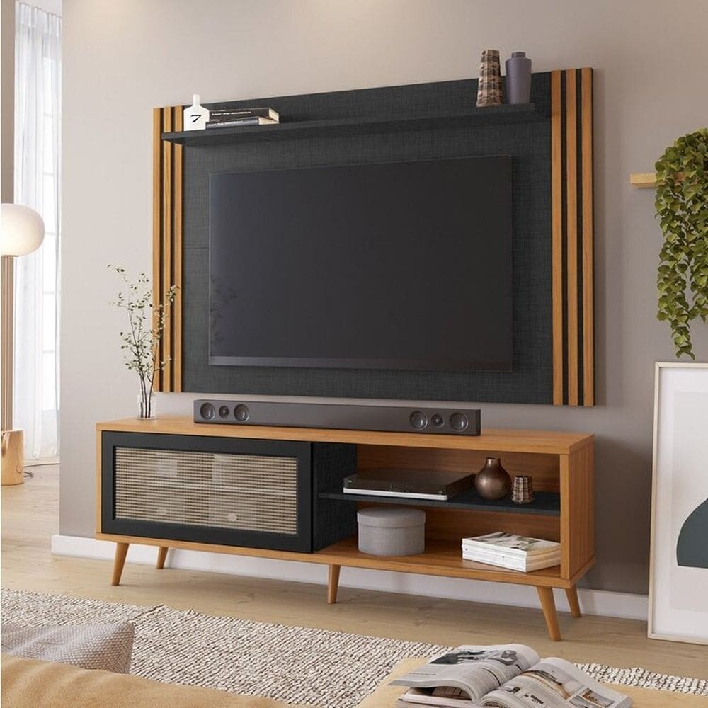 Rack com Painel para Tv até 65 Polegadas com Ripado e Palhinha Freijo Trend/Preto TX