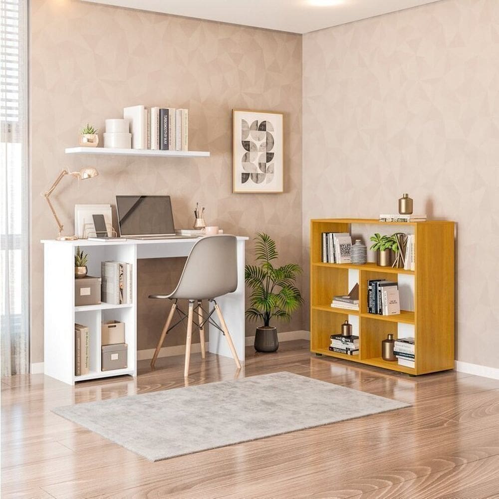 Conjunto com 1 Mesa Escrivaninha 3 Nichos Veneta e 1 Estante Multiuso 5 Nichos Cairo Branco/Freijó