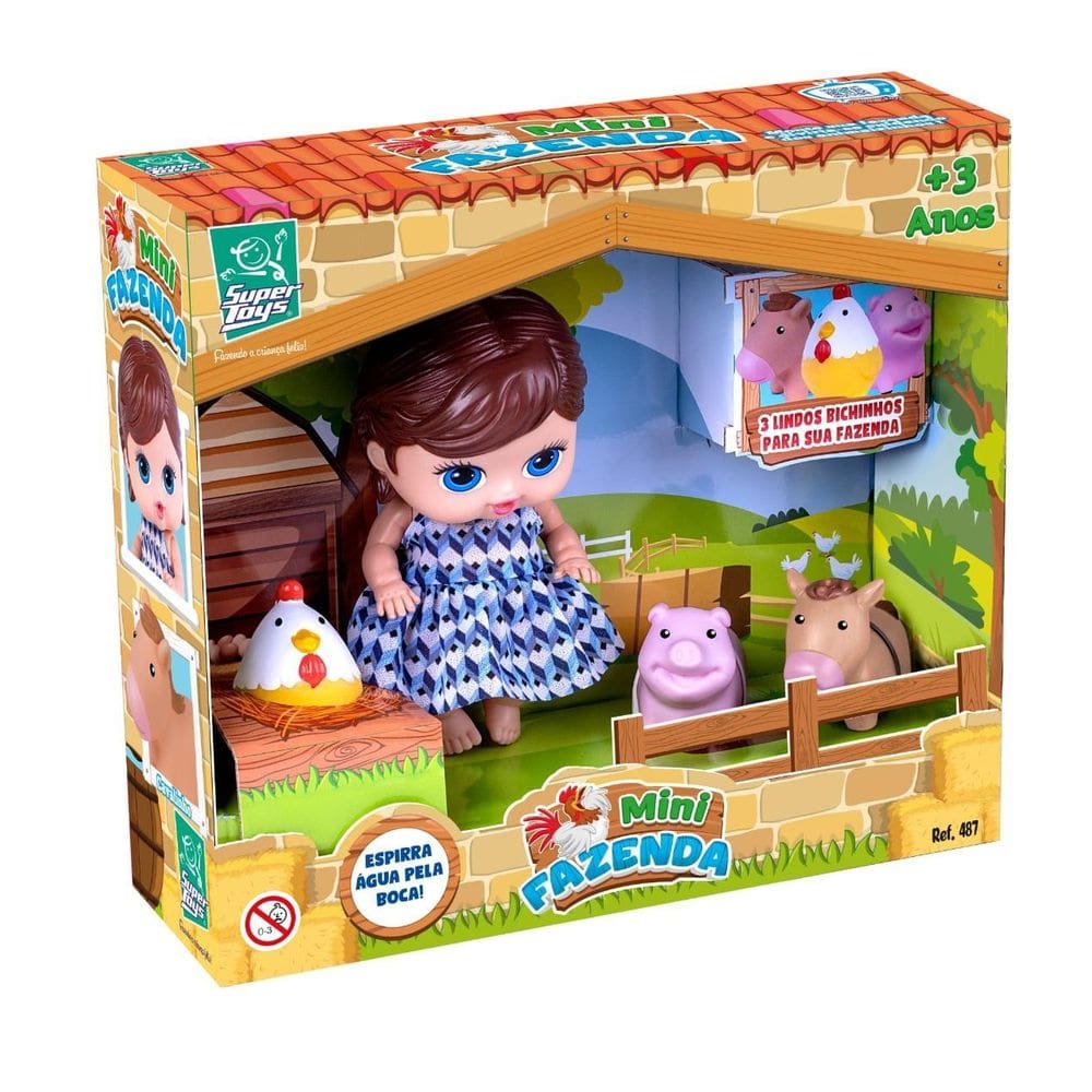 Boneca Mini Fazenda Com 3 Animais Galinha Porco E Cavalo