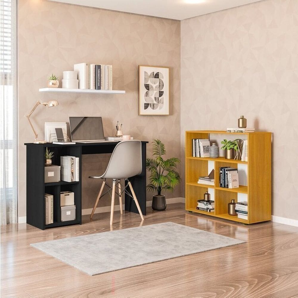 Conjunto com 1 Mesa Escrivaninha 3 Nichos Veneta e 1 Estante Multiuso 5 Nichos Cairo Preto/Freijó