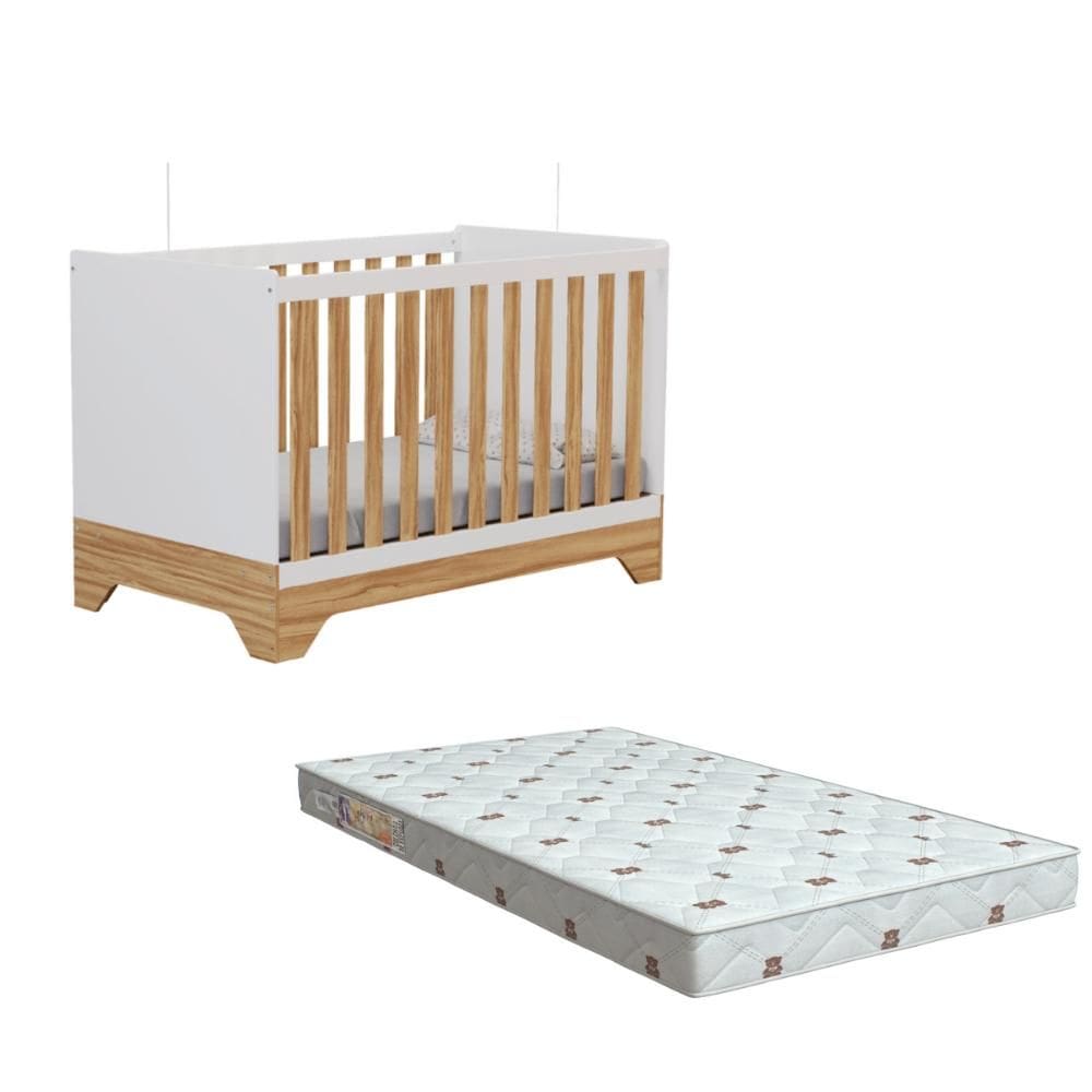 Kit Berço Peroba Popy Retro Branco Amêndoa + Colchão Incluso