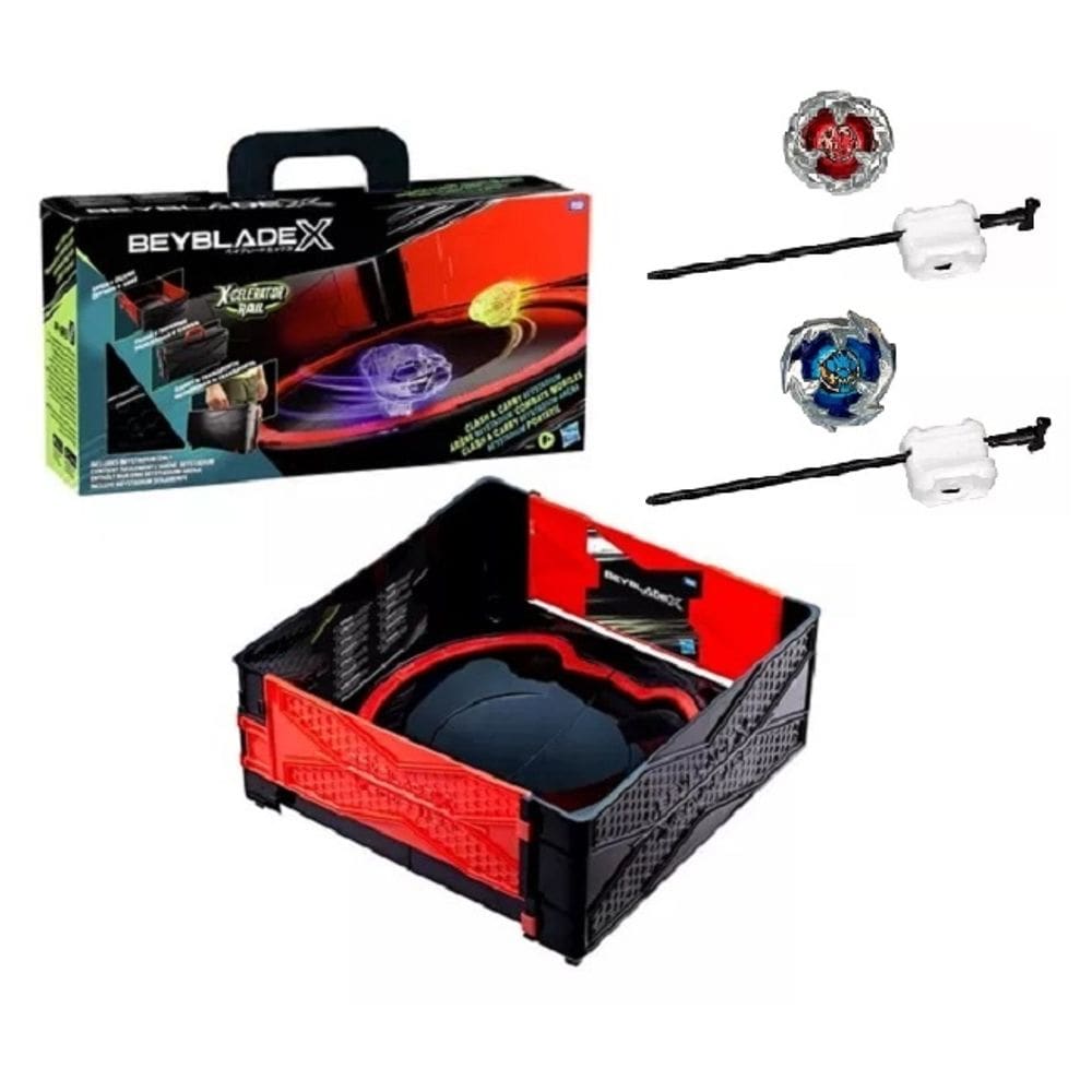 Beyblade X Kit Arena Maleta Portatil Batalha, 2 Piões e 2 lançadores ( Scythe Incendio e Sword Dran ) -Hasbro