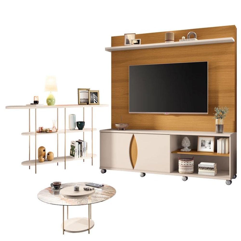 Estante Home Theater Luxor Cinamomo Off White e Aparador Infinity e Mesa de Centro Sky com Tampo de vidro Off White- HB Móveis