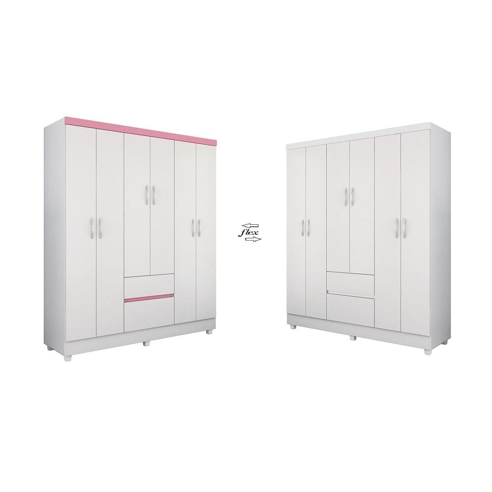 Guarda Roupa 6 Portas Casal Flash II 2 Gavetas Flex - Branco/Rosa Demóbile