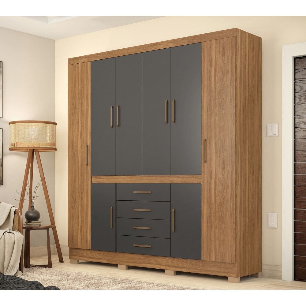 Guarda Roupa Casal New Realce ELE/ELA 201cm - Amêndola Touch/Grafito