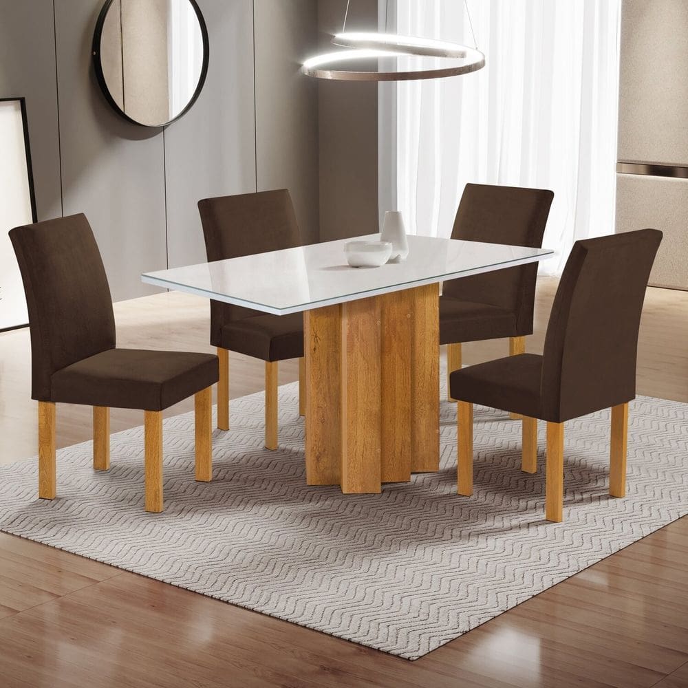 Conjunto Mesa Lorena 120cmx80cm com 4 Cadeiras Espanha Tampo Dakota Plus com Vidro Cinamomo/Off White/Marrom