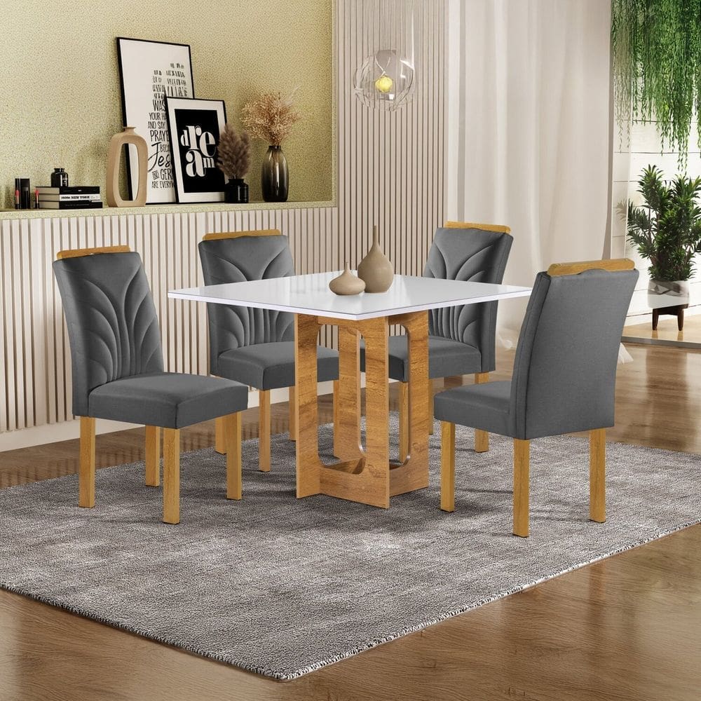 Conjunto Mesa Carolina 90cmx90cm com 4 Cadeiras Carolina Tampo Dakota Plus com Vidro Cinamomo/Off White/Cinza