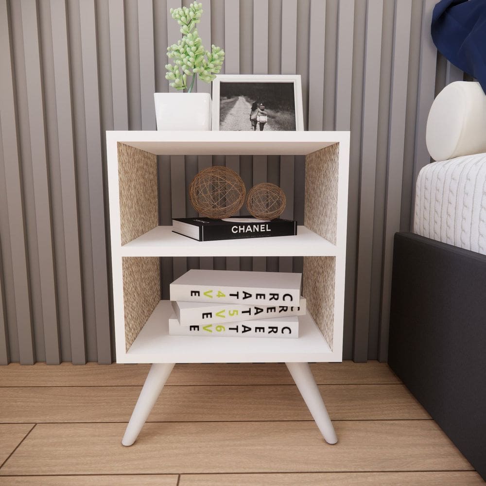 Mesa de Cabeceira com Pés Mesinha Madeira Quarto Nicho Branco/Bege