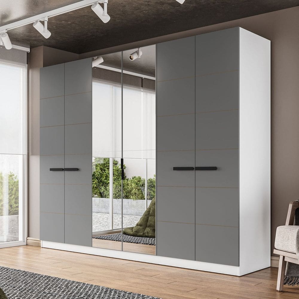 Guarda Roupa 6 Portas 4 Gavetas com Espelho Lisboa Branco/Cinza