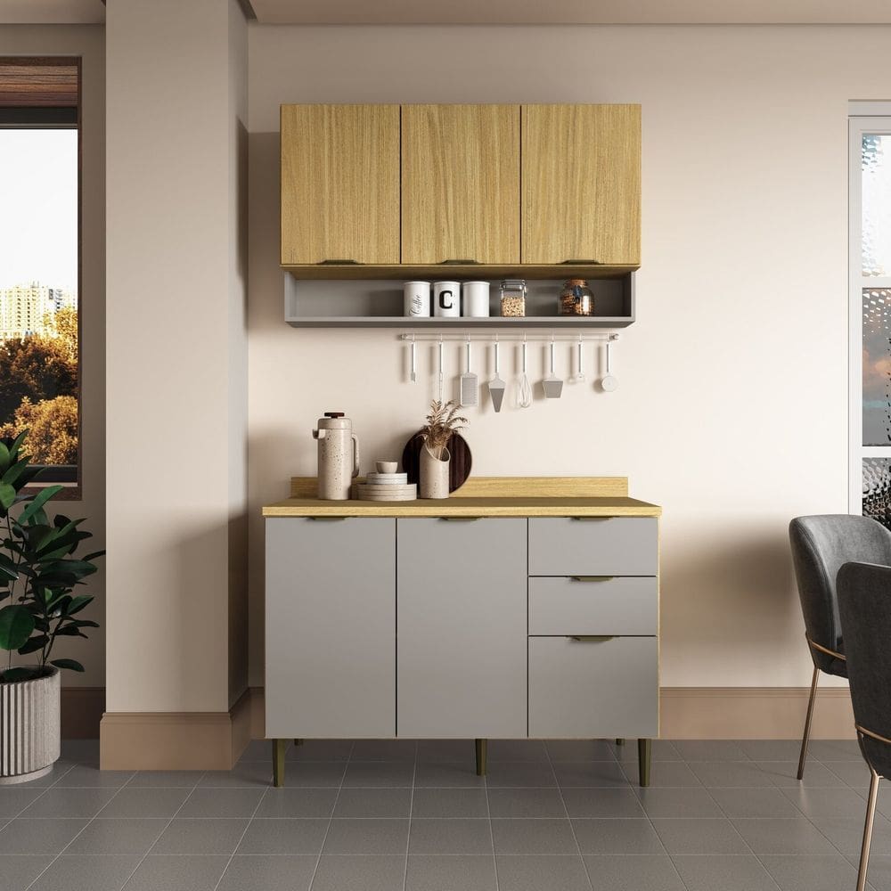 Cozinha Modulada 1 Balcão com Tampo 1 Armário Aéreo 6 Portas 2 Gavetas Ibiza Louro Freijó/Cinza