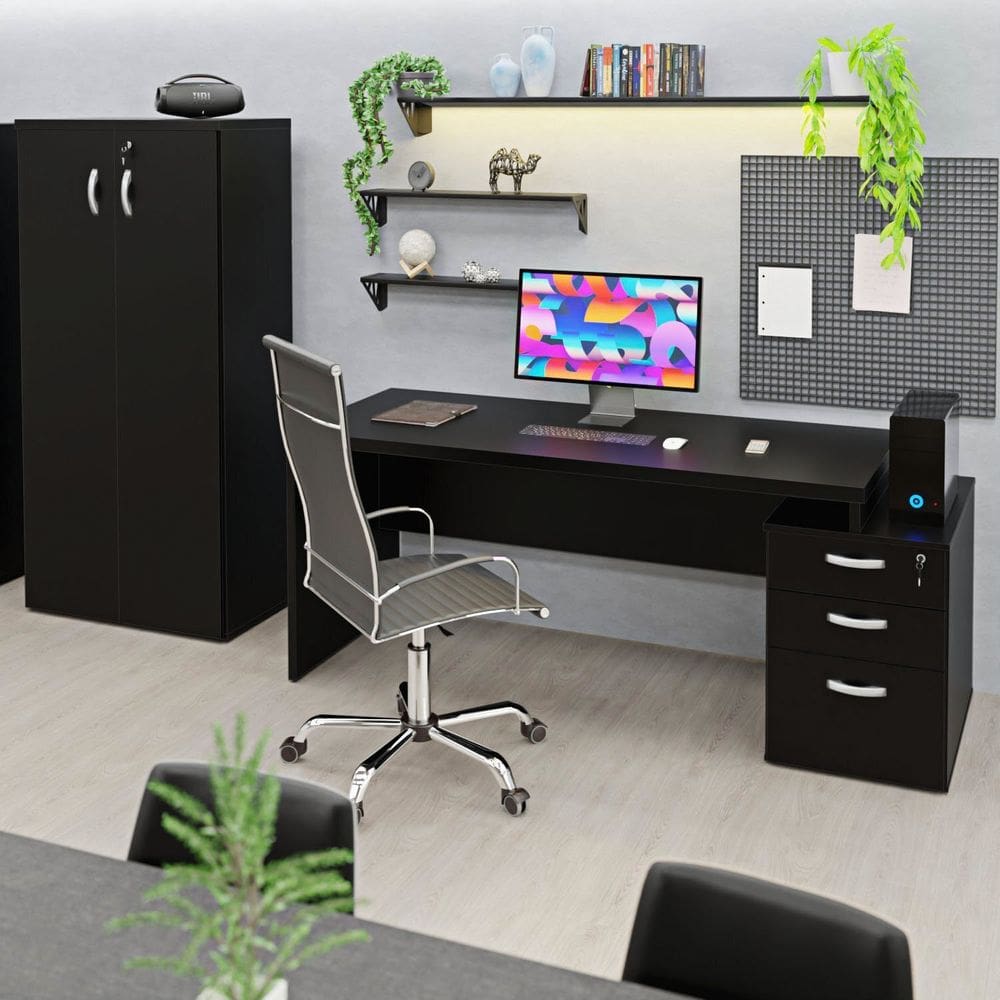Conjunto Mesa Pedestal e Armário Alto Escritório Preto