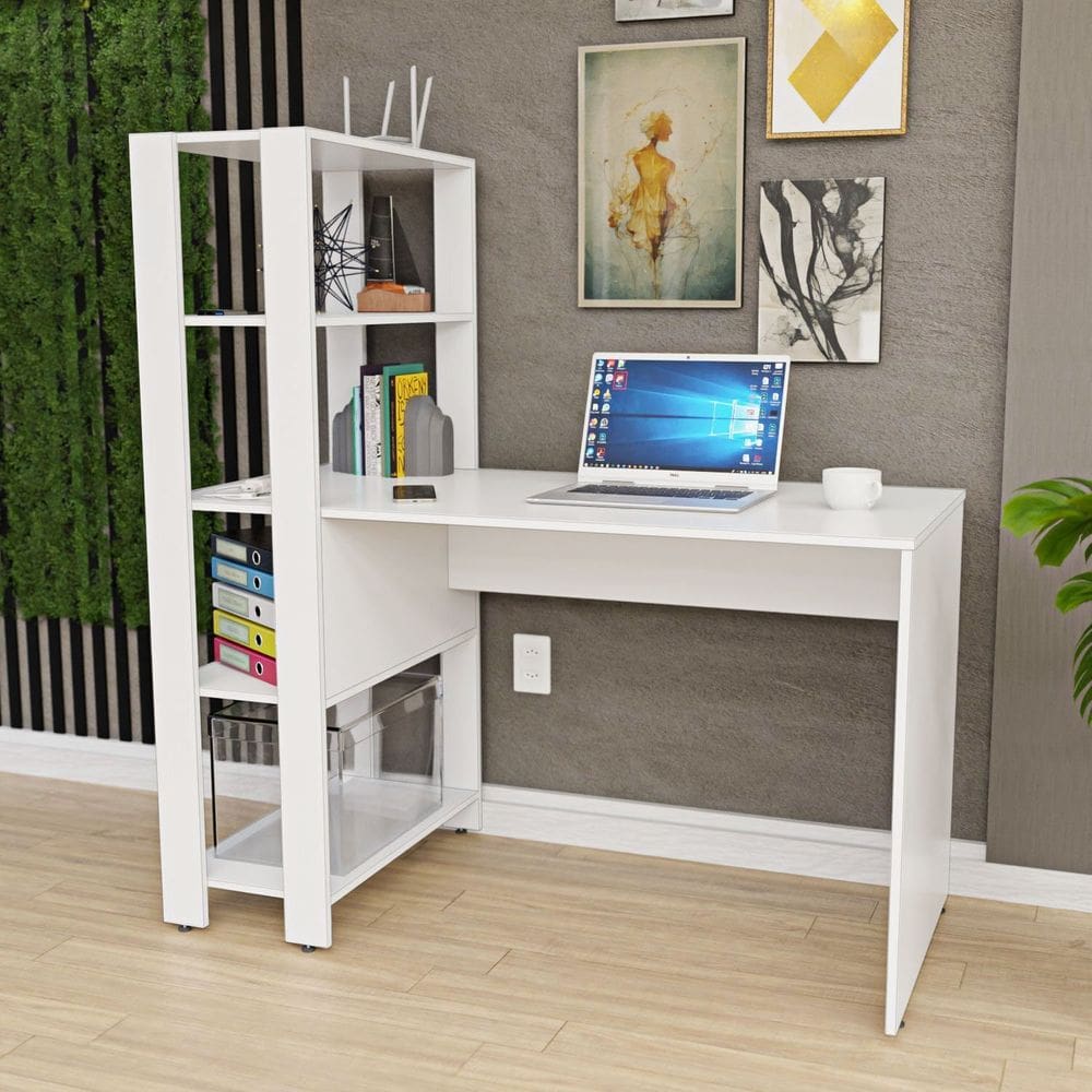 Mesa Escritório Escrivaninha 1,20m com Prateleiras Branco