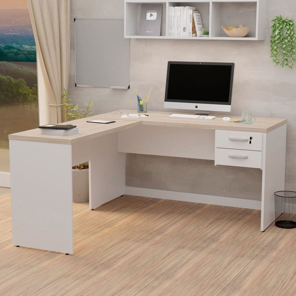 Mesa de Escritório em L 160x150cm com Gaveta Carvalho / Branco