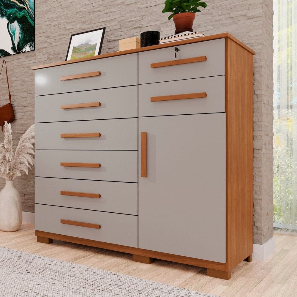 Cômoda para Quarto 1 Portas 8 Gavetas Ônix Expresso Móveis Cinamomo / Off White