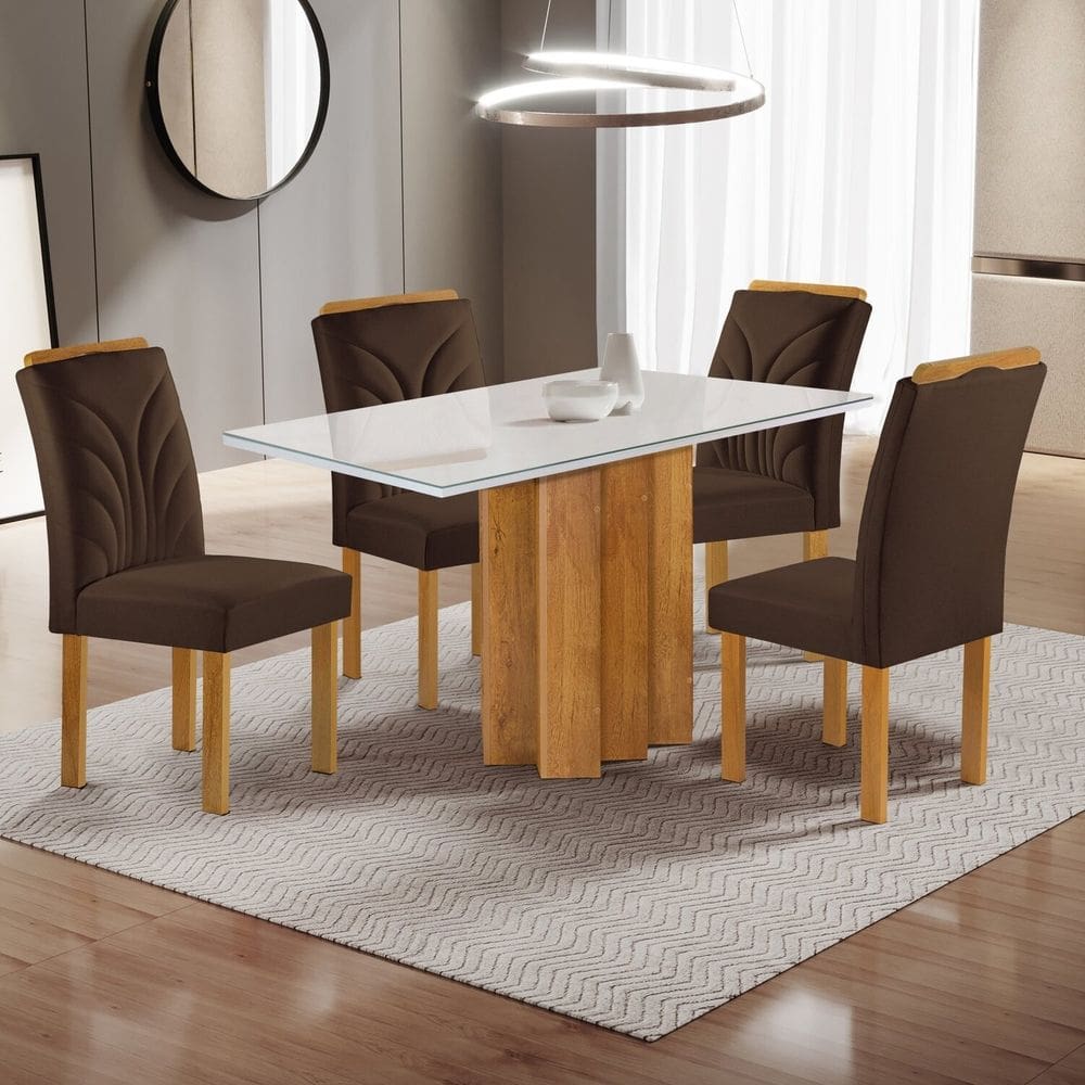 Conjunto Mesa Lorena 120cmx80cm com 4 Cadeiras Carolina Tampo Dakota Plus com Vidro Cinamomo/Off White/Marrom