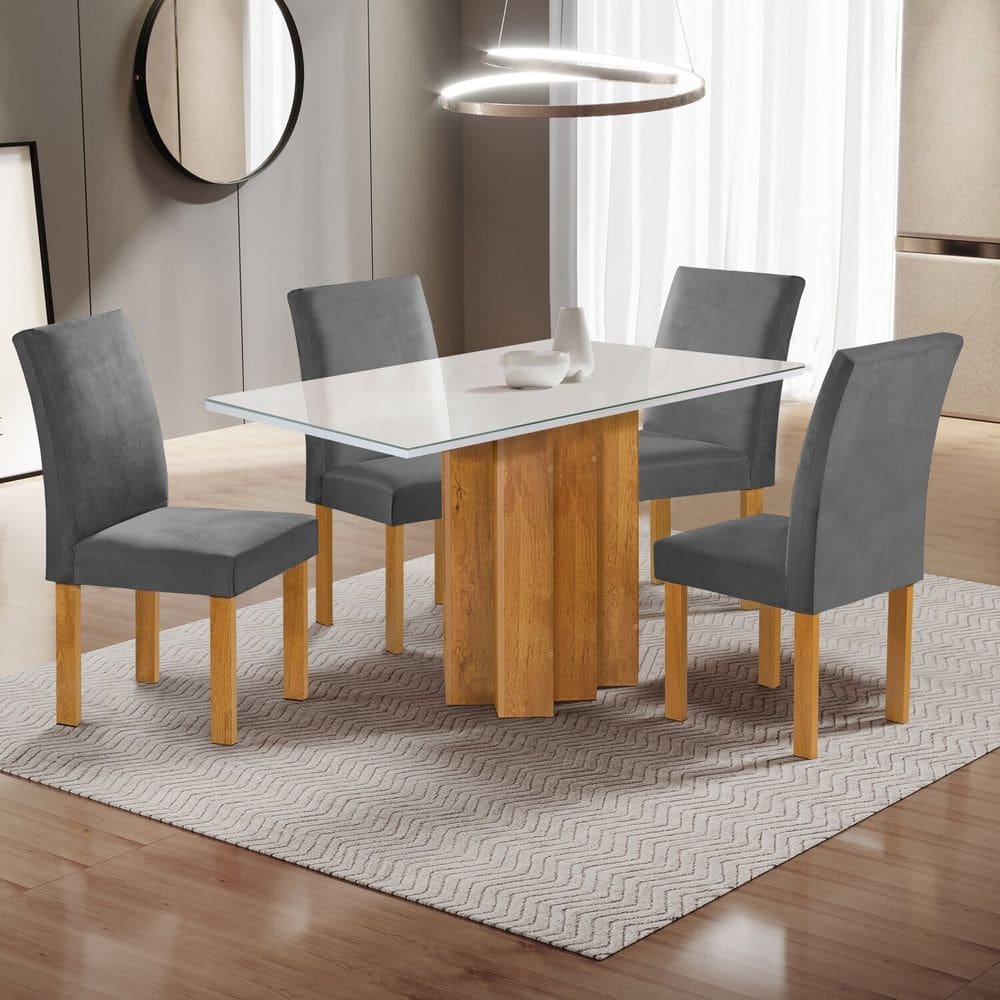 Conjunto Mesa Lorena 120cmx80cm com 4 Cadeiras Espanha Tampo Dakota Plus com Vidro Cinamomo/Off White/Cinza
