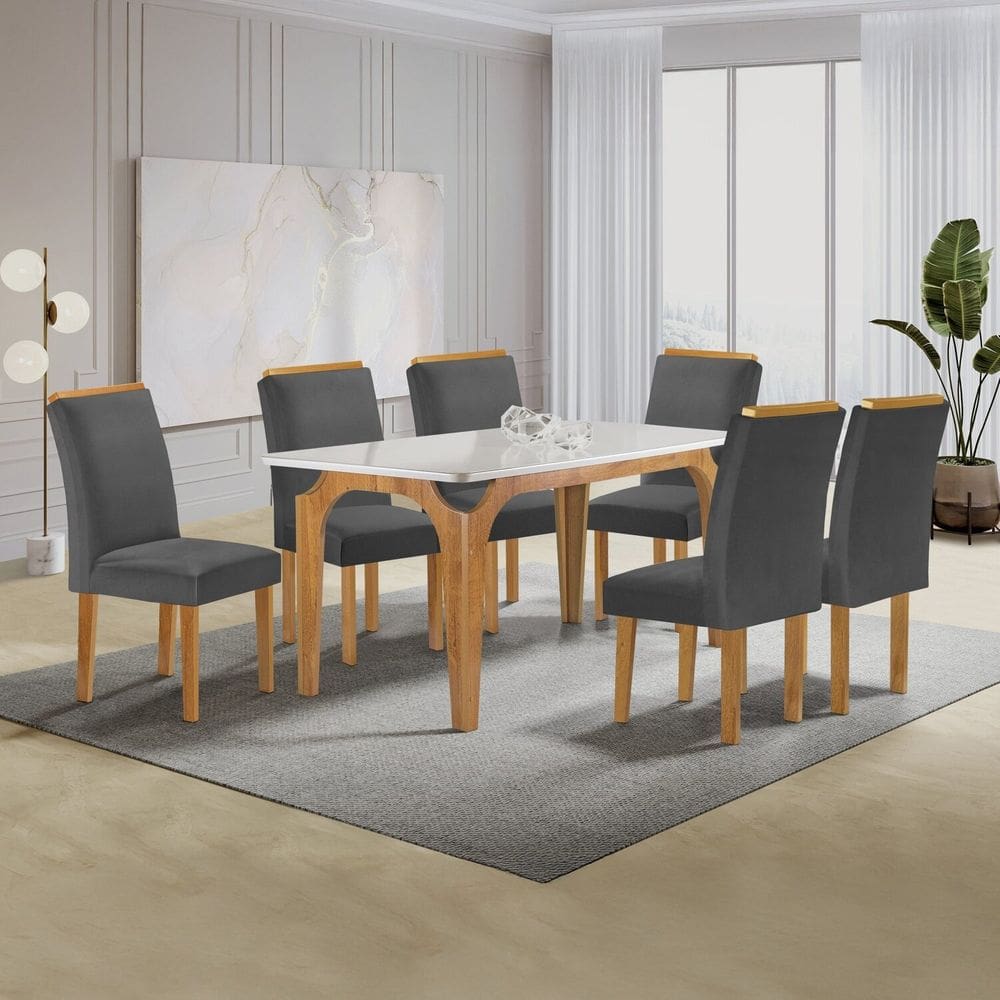 Conjunto Mesa Melina 170cmx90cm com 6 Cadeiras Luisa Tampo Smart Plus com Vidro Cinamomo/Off White/Cinza