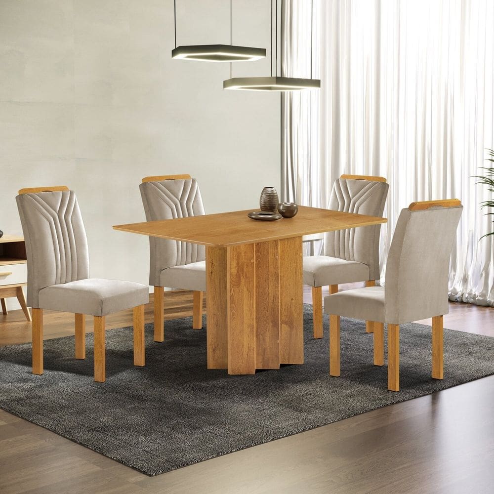Conjunto Mesa Lorena 120cmx80cm com 4 Cadeiras Celeste Tampo Londres sem Vidro Cinamomo/Bege Claro