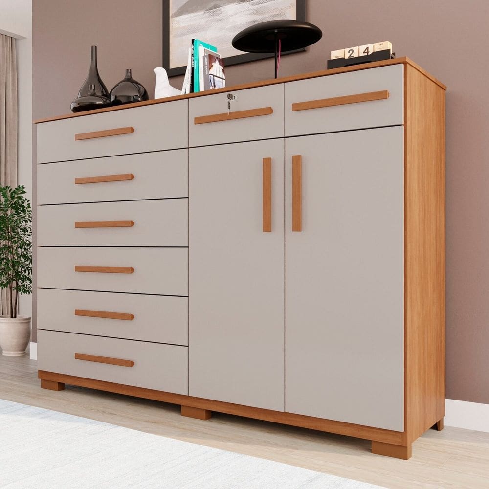 Cômoda para Quarto 2 Portas 8 Gavetas Esmeralda Expresso Móveis Cinamomo / Off White