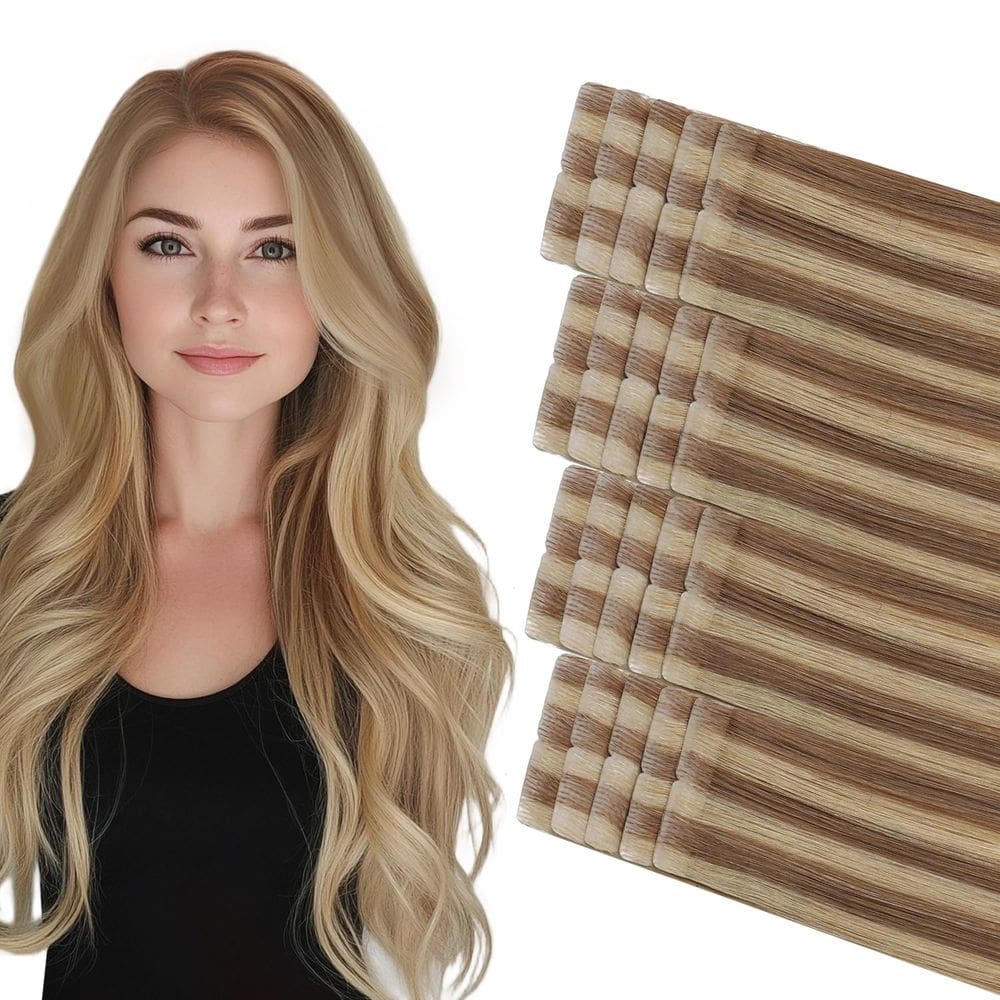 Fita adesiva em extensões de cabelo COOKAYU Gold Brown to Caramel Blonde