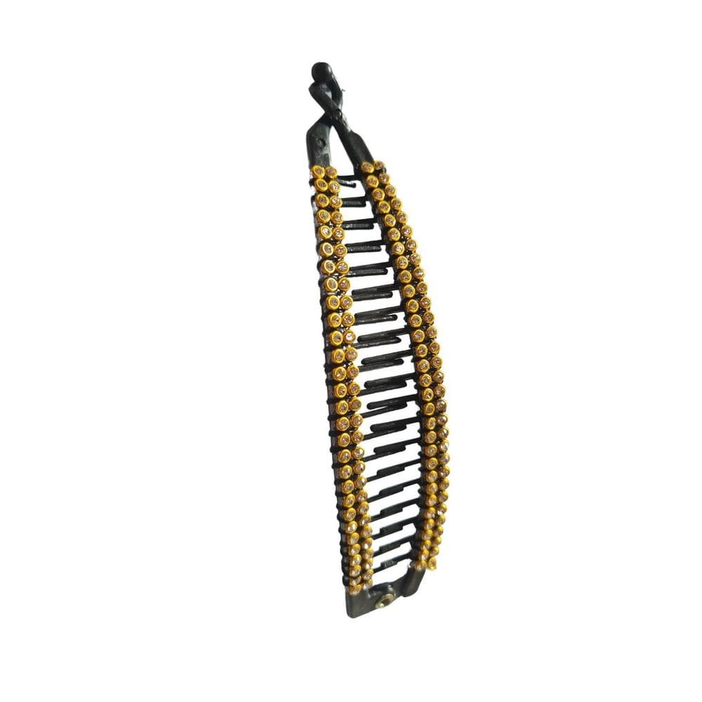 12 Presilhas De Cabelo Preta Banana Com Strass Dourada 15Cm