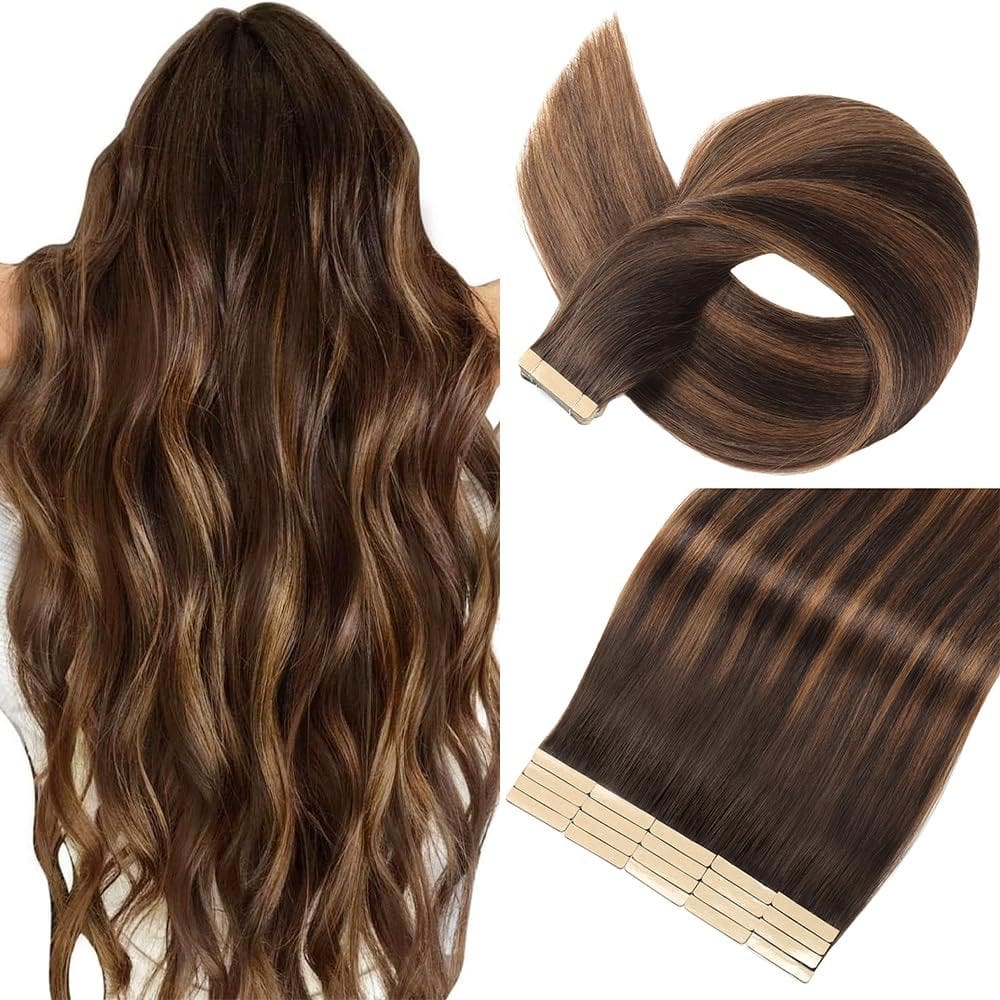 Fita adesiva em extensões de cabelo YNSNR marrom escuro a castanho misto