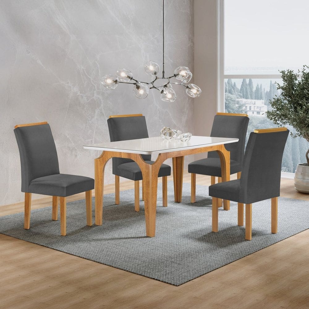 Conjunto Mesa Melina 120cmx90cm com 4 Cadeiras Luisa Tampo Smart Plus com Vidro Cinamomo/Off White/Cinza