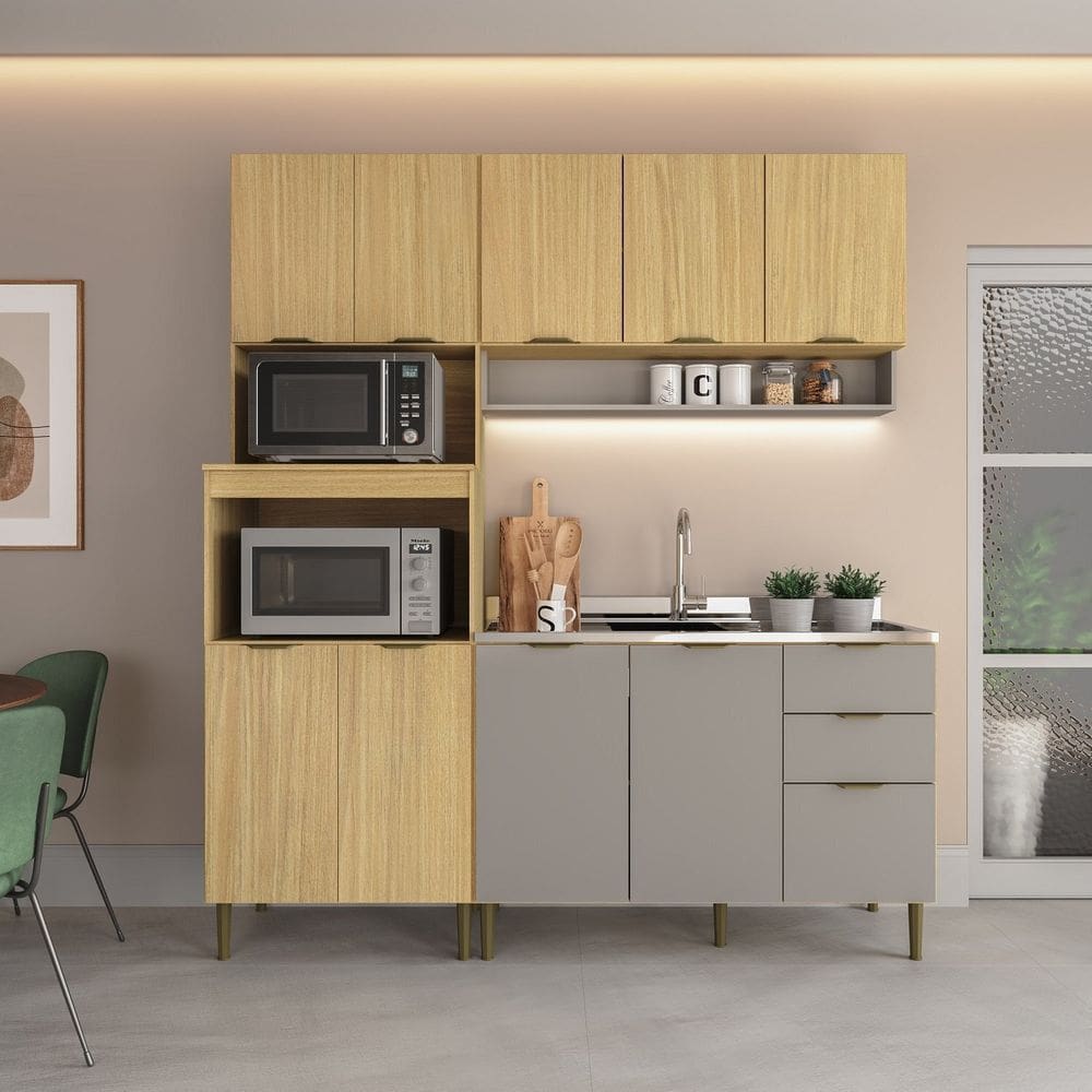 Cozinha Modulada 1 Torre-quente 1 Balcão para Pia 1 Aéreo 10 Portas 2 Gavetas Ibiza Louro Freijó/Cinza