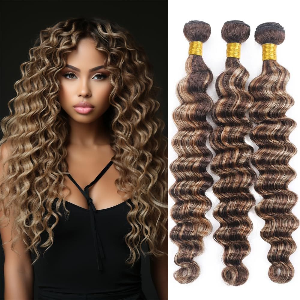 Pacotes de cabelo QEUOPE Highlight Brown Loose Deep Wave P4/613