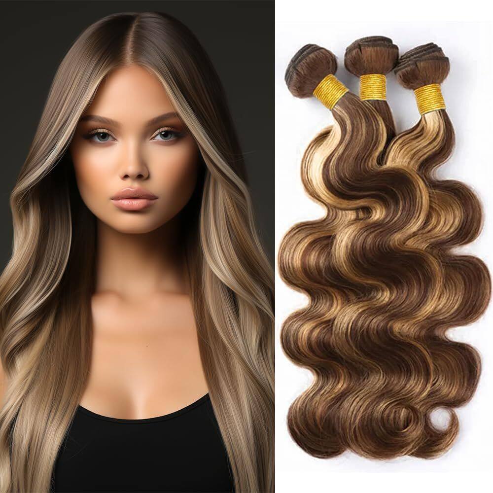 Extensões de cabelo QEUOPE Highlight Brown/Blonde Body Wave 3 Bundles