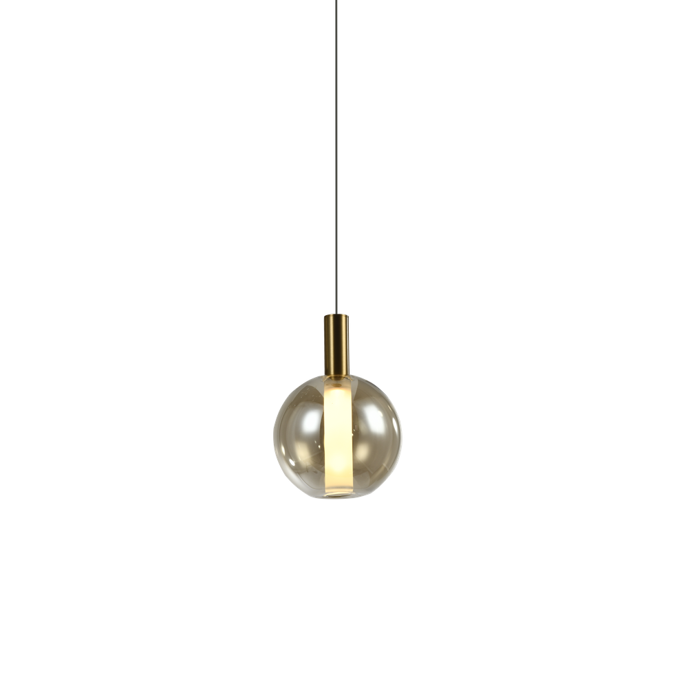 PENDENTE SPIA MODERNO EM LED DOURADO E VIDRO ÂMBAR Ø15x21CM