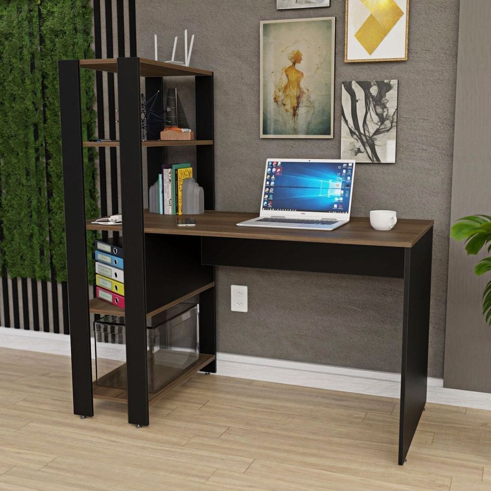 Mesa Escritório Escrivaninha 1,20m com Prateleiras Nogal / Preto