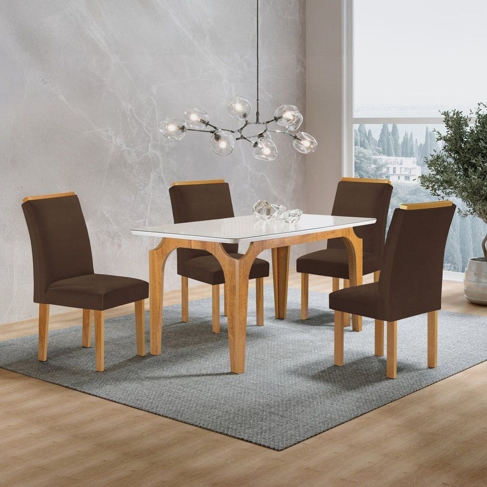Conjunto Mesa Melina 120cmx90cm com 4 Cadeiras Luisa Tampo Smart Plus com Vidro Cinamomo/Off White/Marrom