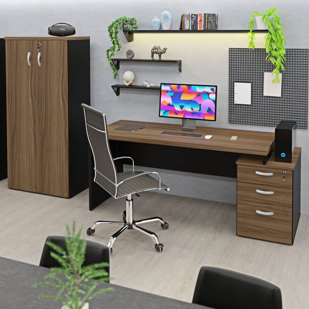 Conjunto Mesa Pedestal e Armário Alto Escritório Nogal / Preto