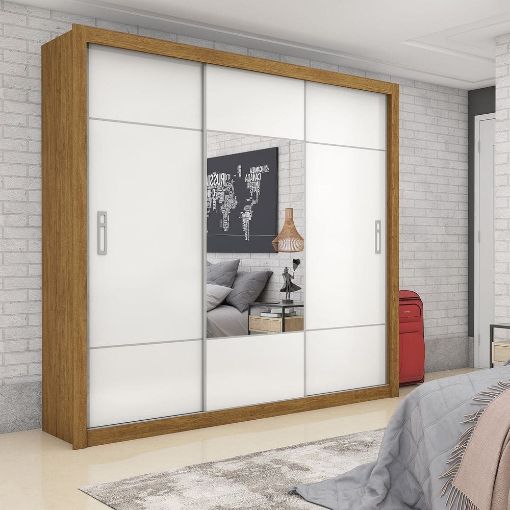 Guarda Roupa Casal com Espelho 3 Portas de Correr Lotse Cinamomo/Branco