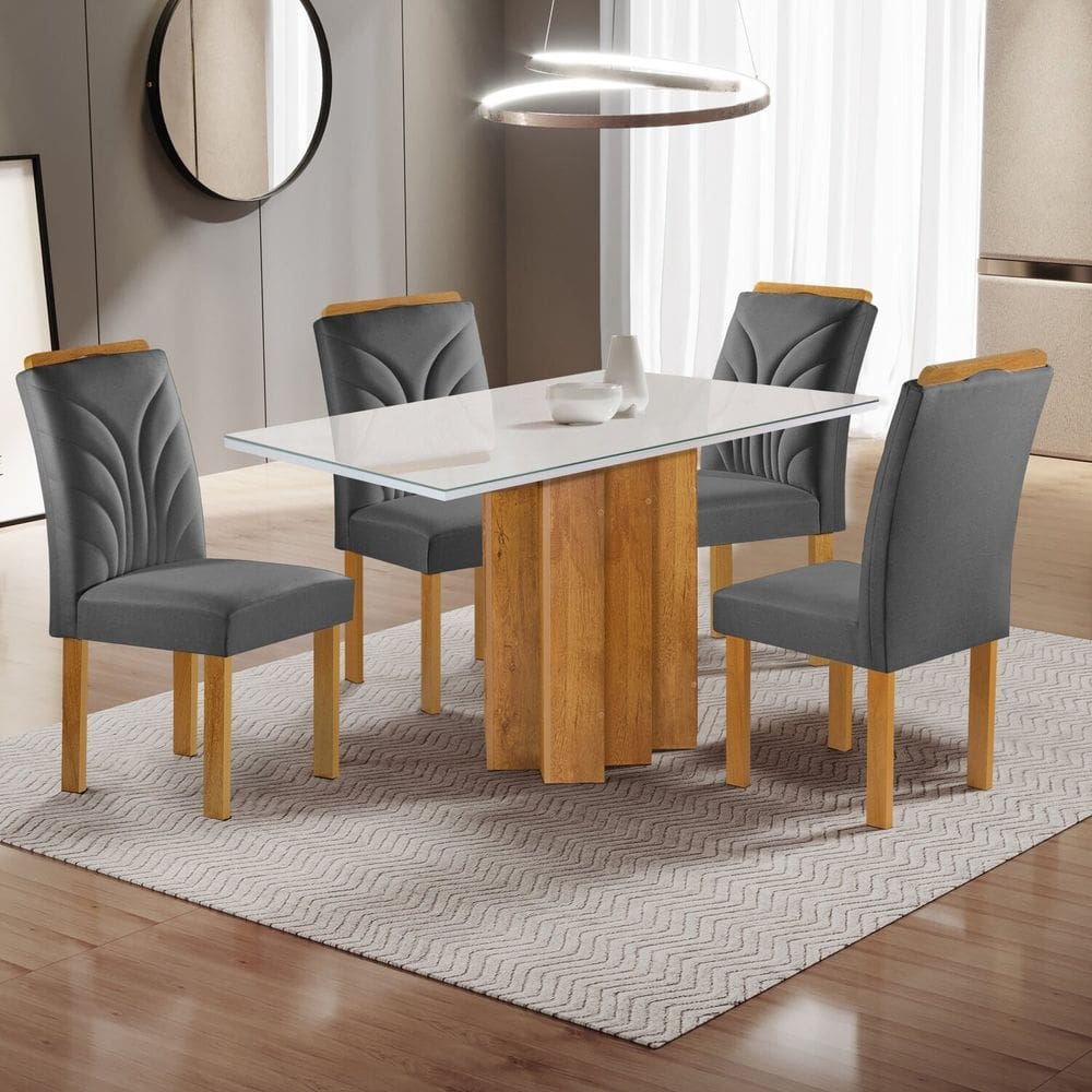 Conjunto Mesa Lorena 120cmx80cm com 4 Cadeiras Carolina Tampo Dakota Plus com Vidro Cinamomo/Off White/Cinza