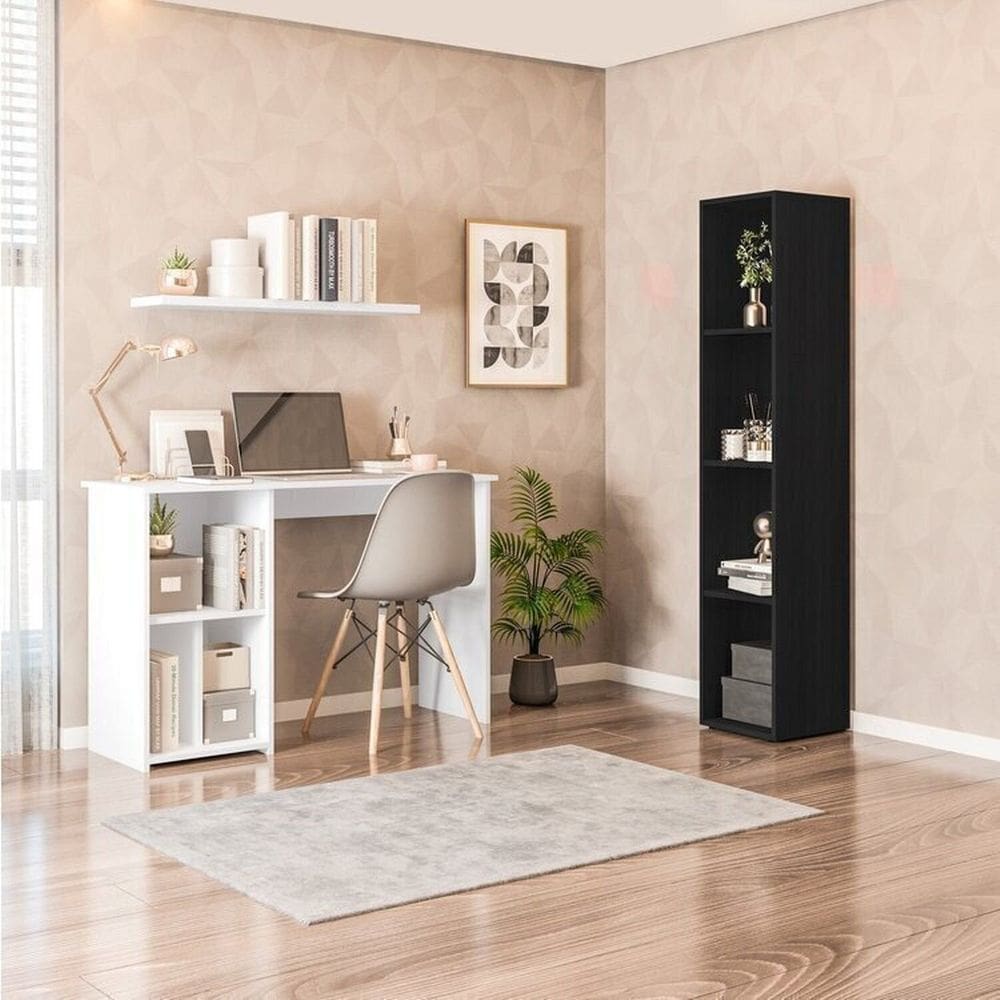 Conjunto com 1 Mesa Escrivaninha 3 Nichos Veneta e 1 Estante Modular 4 Nichos Delta Branco/Preto