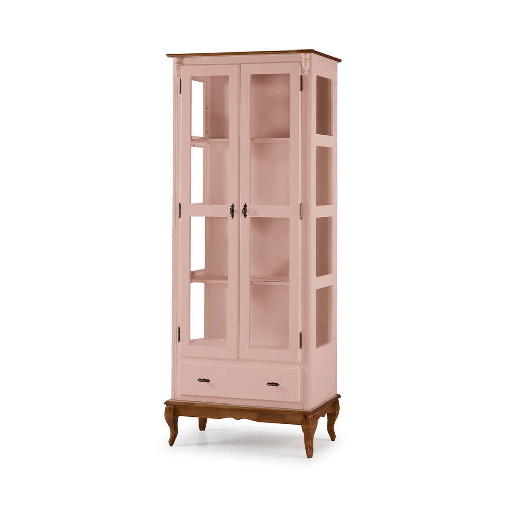 Cristaleira 2 Portas e Laterais em Vidro 1 Gaveta Pés Luis XV Sevilha - Rosa Algodão Doce/Imbuia