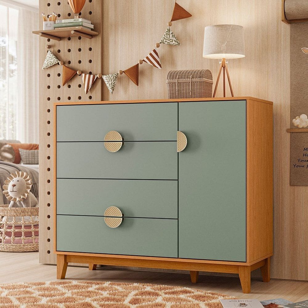 Cômoda Sapateira 04 Gavetas e 01 Porta Kid Cinamomo / Sálvia