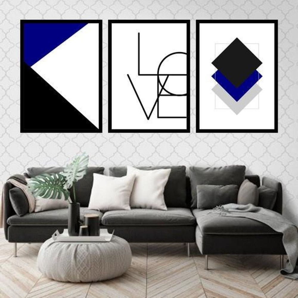 Kit 3 Quadros Love Geométrico Azul Royal 60X40Cm