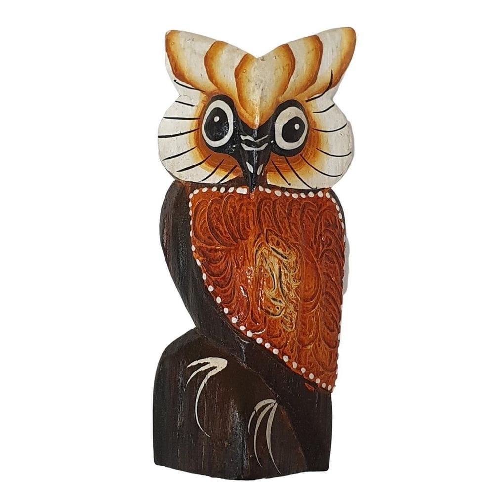 Coruja Entalhe E Pintura Madeira Balsa Laranja 17Cm