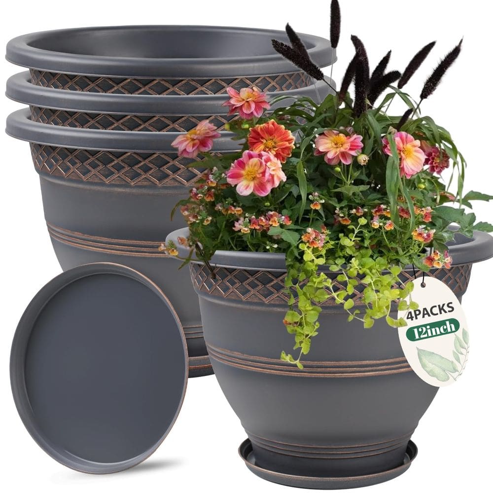 Vasos para plantas Usocik, pacote com 4 vasos de flores de plástico de 30 cm com pires