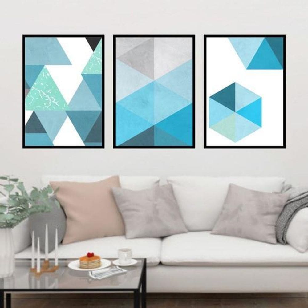 Quadro Decorativo Geométrico Azul Moldura Preta 24X18Cm 3Un