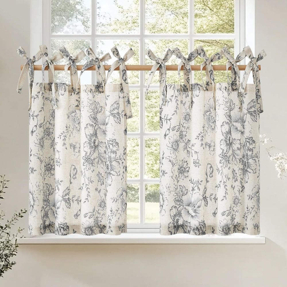 Cortinas jinchan Floral Linen Tier 60 cm Farmhouse Cafe Grey