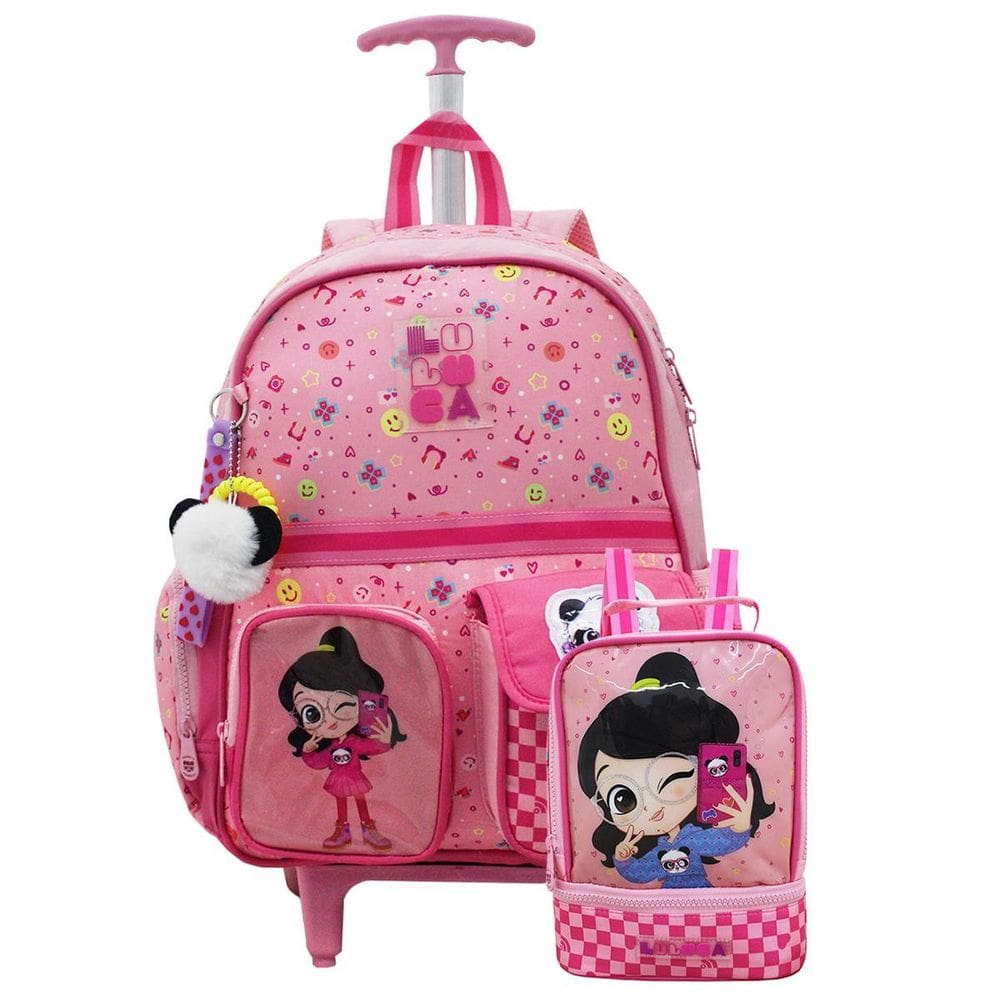Mochila Luluca De Rodinhas E Lancheira Térmica Escolar Rosa