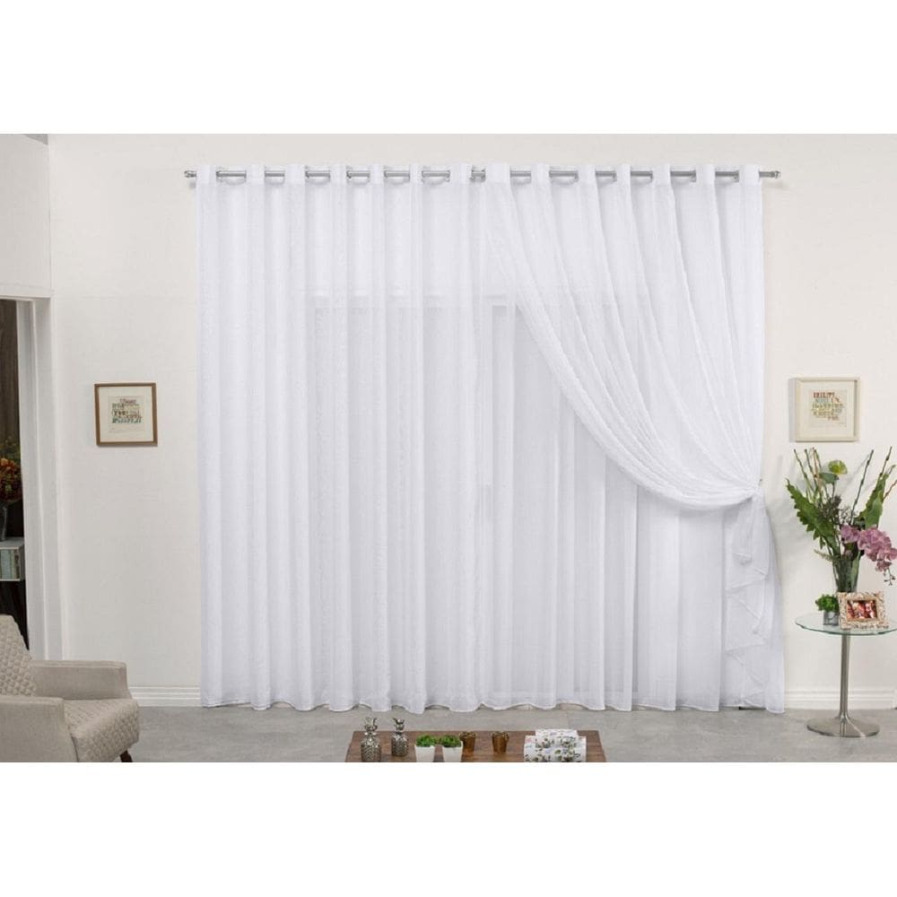 Cortina De Varão Voil Duplo Branco 4,00X2,50 Sala Ou Quarto