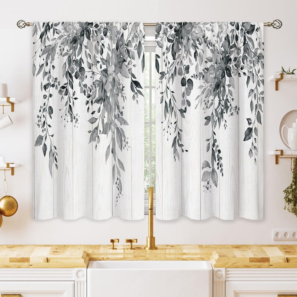 Cortinas de cozinha oolygoo Farmhouse Grey Eucalyptus 66x91cm