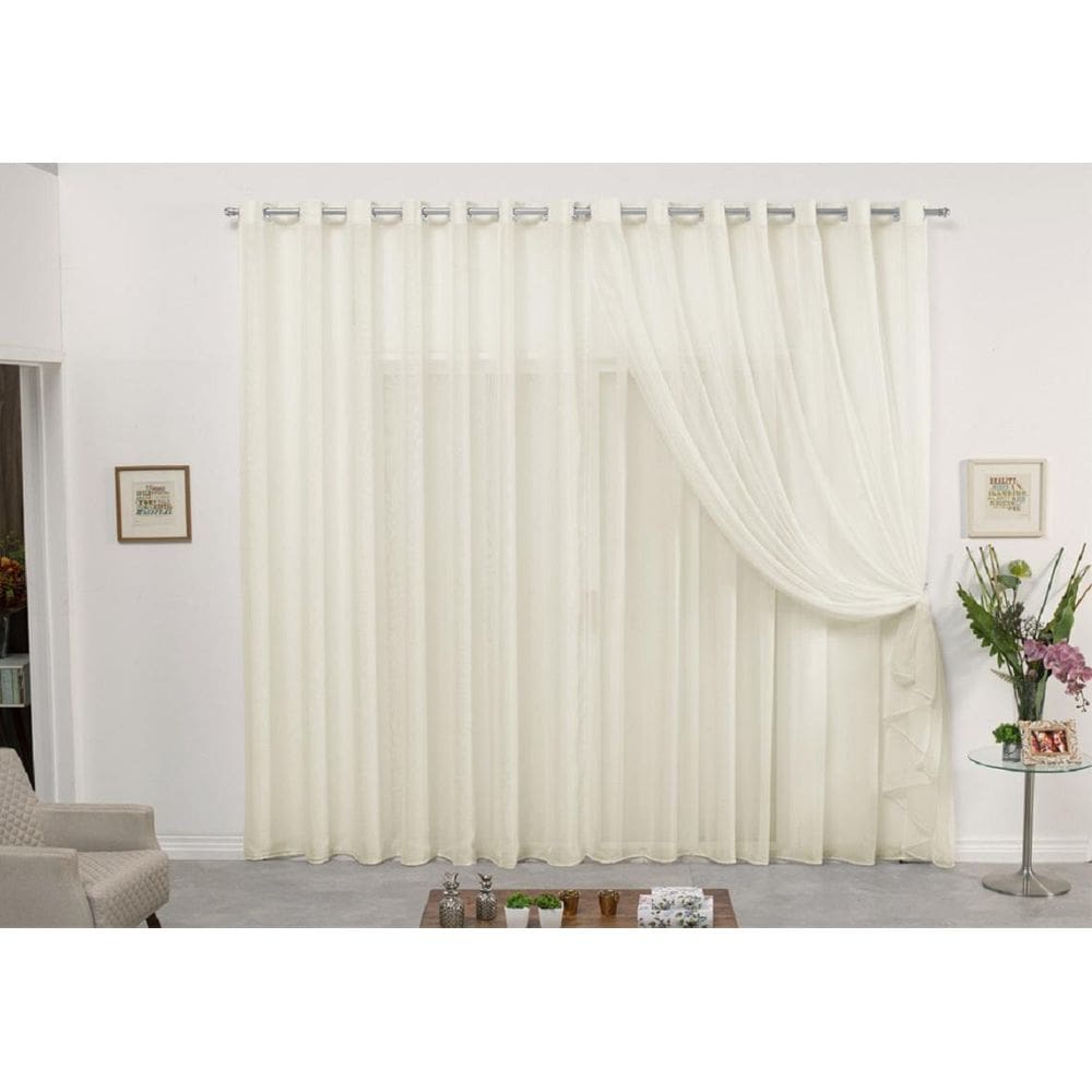 Cortina De Varão Voil Duplo Pérola 6,00X2,50 Sala Ou Quarto