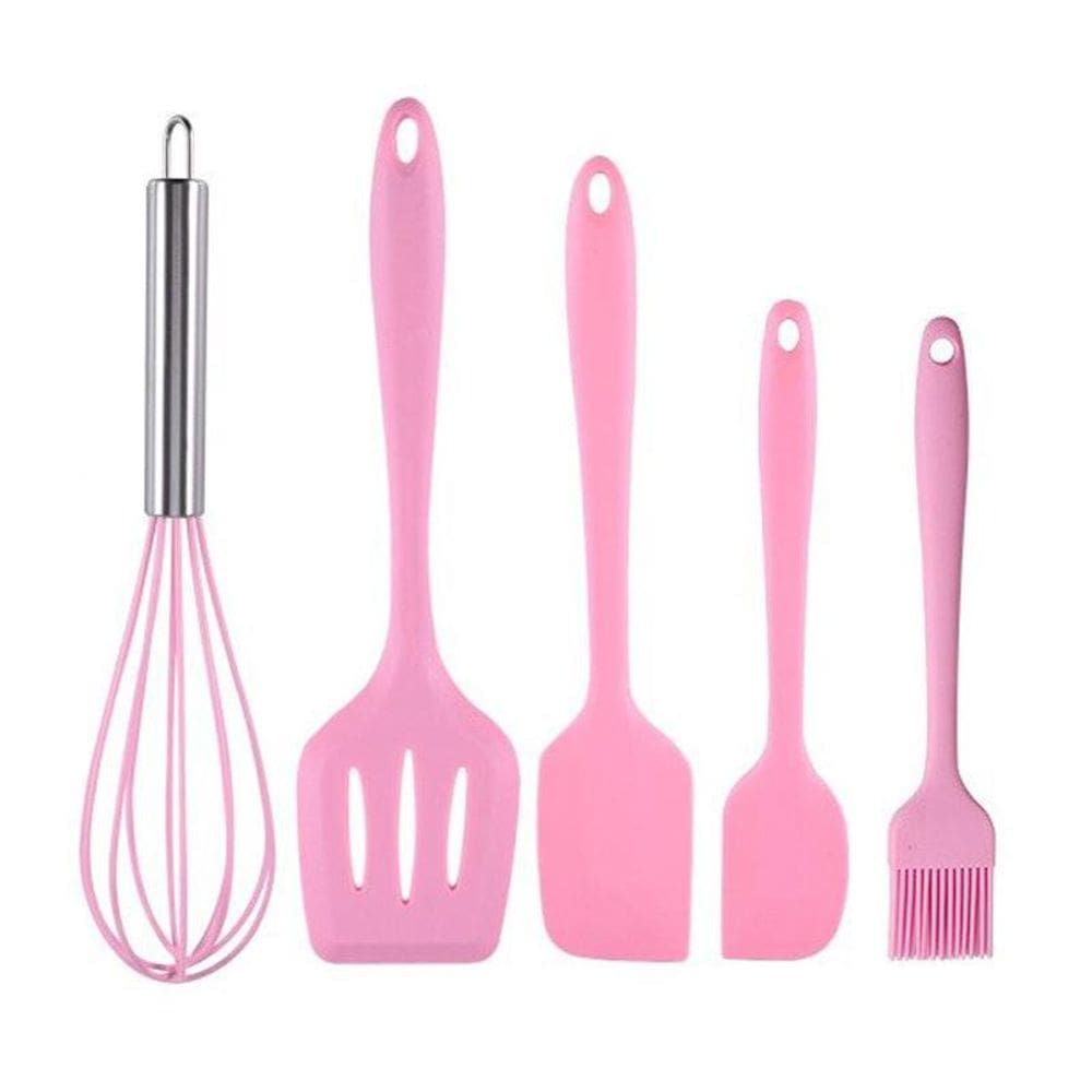 Jogo Colheres De Silicone Maciço Utensílios 5 Peças Rosa